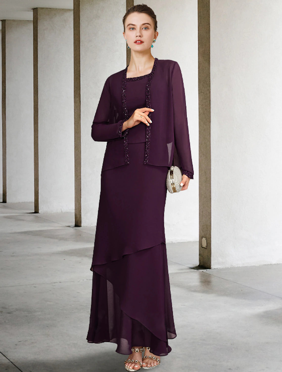 wholesale  Two Piece A-Line Mother of the Bride Dress Plus Size Elegant Square Neck Ankle Length Chiffon Sleeveless Wrap Included Jacket Dresses with Pearls Beading Tier