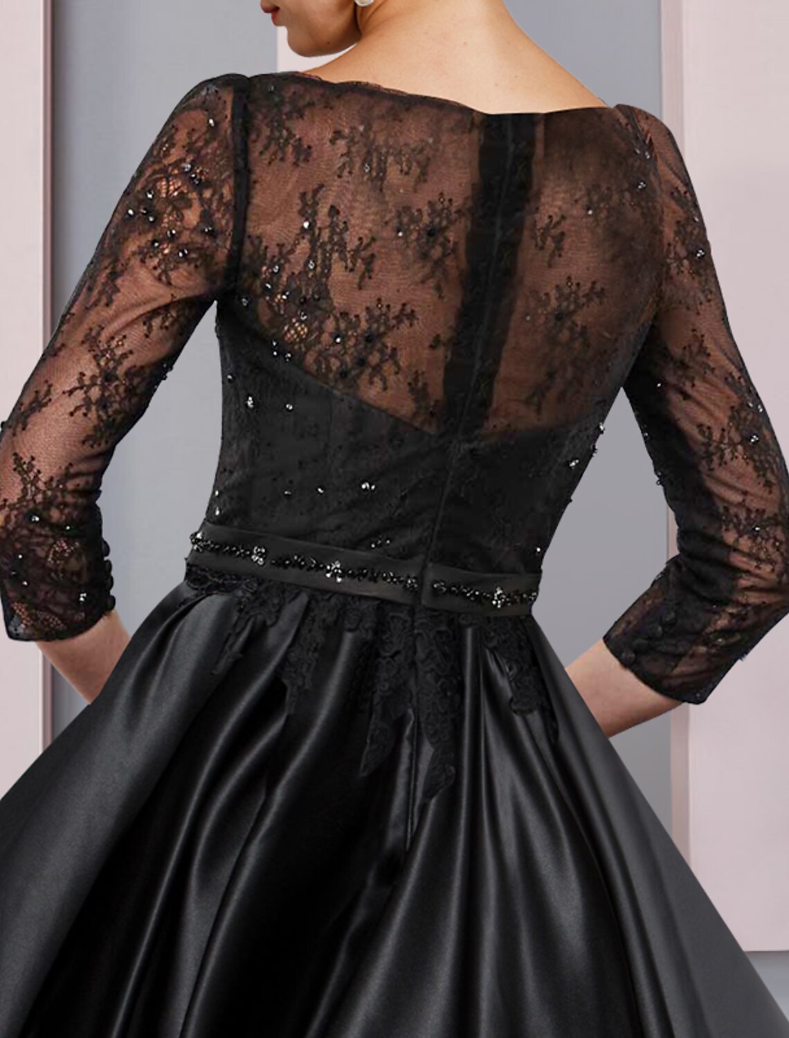 wholesale  A-Line Mother of the Bride Dress Formal Wedding Guest Party Elegant Scoop Neck Tea Length Satin Lace 3/4 Length Sleeve with Sash / Ribbon Pleats