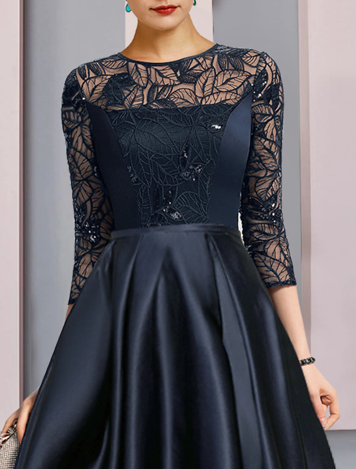 wholesale A-Line Mother of the Bride Dress Wedding Guest Vintage Party Jewel Neck Asymmetrical Satin Lace Sequined Half Sleeve with Pleats