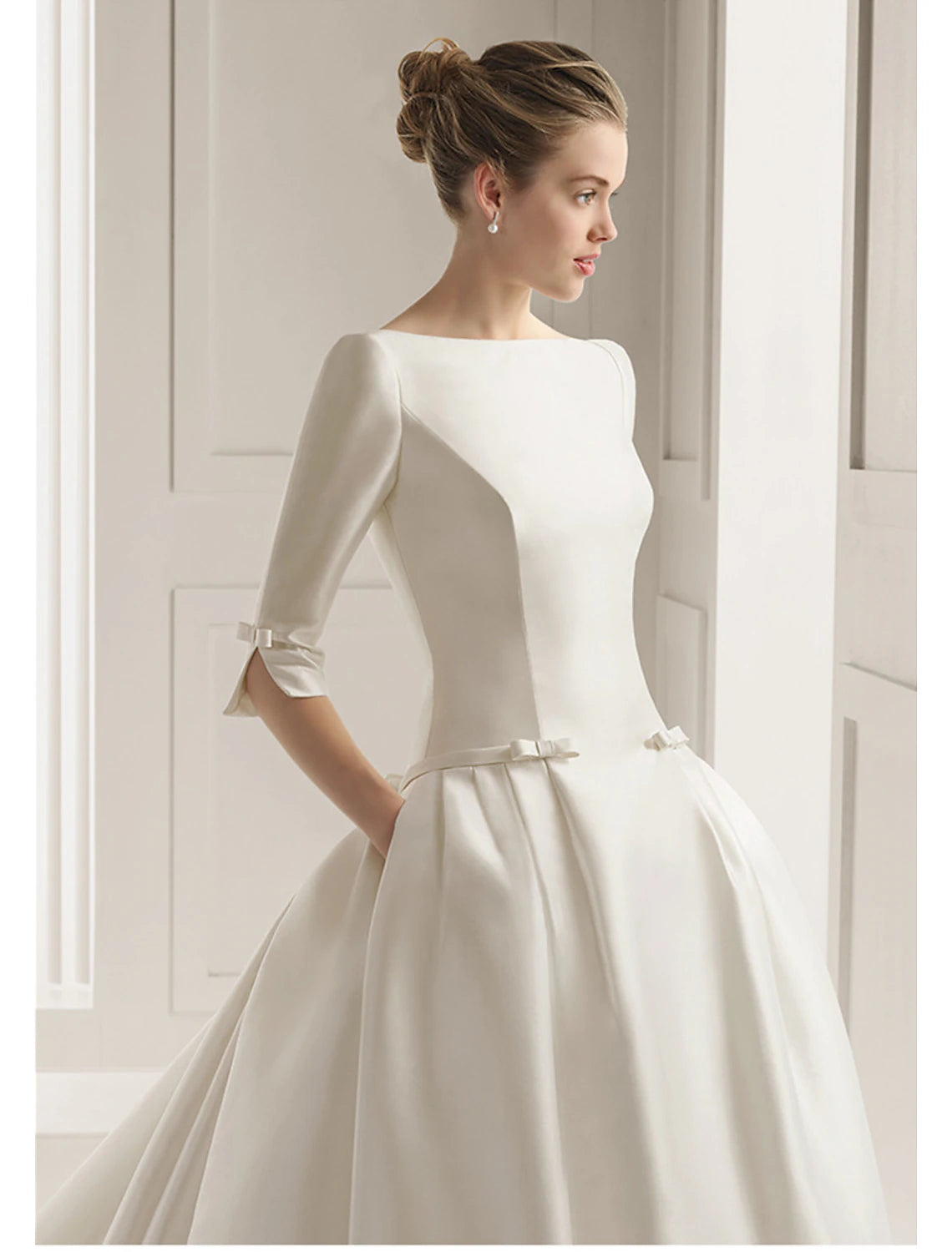 wholesale  Engagement Formal Fall Wedding Dresses A-Line Scoop Neck Half Sleeve Court Train Satin Bridal Gowns With Bow(s) Pleats