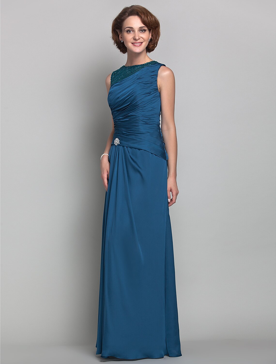 wholesale  Sheath / Column Mother of the Bride Dress Vintage Inspired Jewel Neck Floor Length Satin Chiffon Sleeveless with Beading