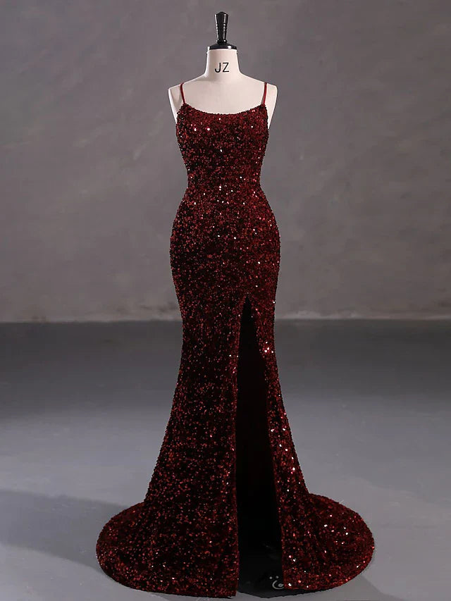 Wholesa Mermaid / Trumpet Evening Gown Elegant Dress Party Wear Court Train Sleeveless Spaghetti Strap Lace Crisscross Back with Sequin Slit