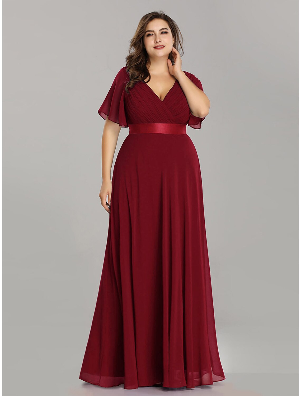 wholesale  A-Line Mother of the Bride Dress Plus Size Elegant V Neck Floor Length Chiffon Short Sleeve with Sash / Ribbon Ruching