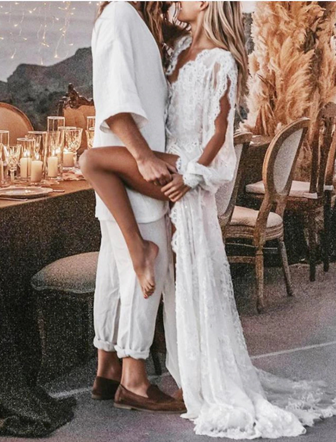 wholesale   Beach Sexy Boho Wedding Dresses A-Line V Neck Long Sleeve Sweep / Brush Train Lace Outdoor Bridal Gowns With Appliques Split Front Summer Fall Wedding Party