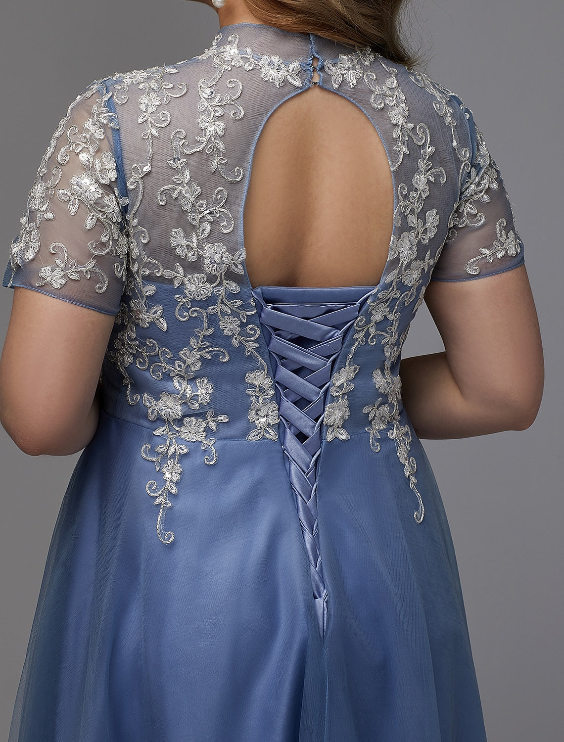 wholesaA-Line Plus Size Dress Wedding Guest Prom Floor Length Short Sleeve High Neck Lace Lace-up with Appliques