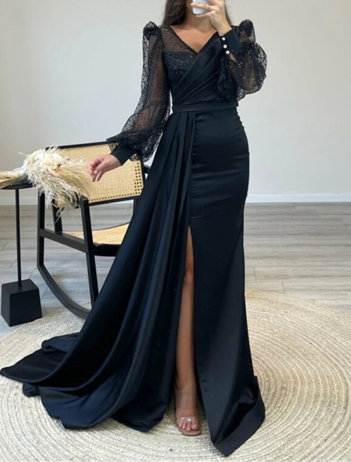 Wholesa A-Line Evening Gown Black Dress Plus Size Sparkle & Shine Dress Formal Cocktail Party Court Train Long Sleeve V Neck Belt / Sash Charmeuse with Ruched Sequin Slit