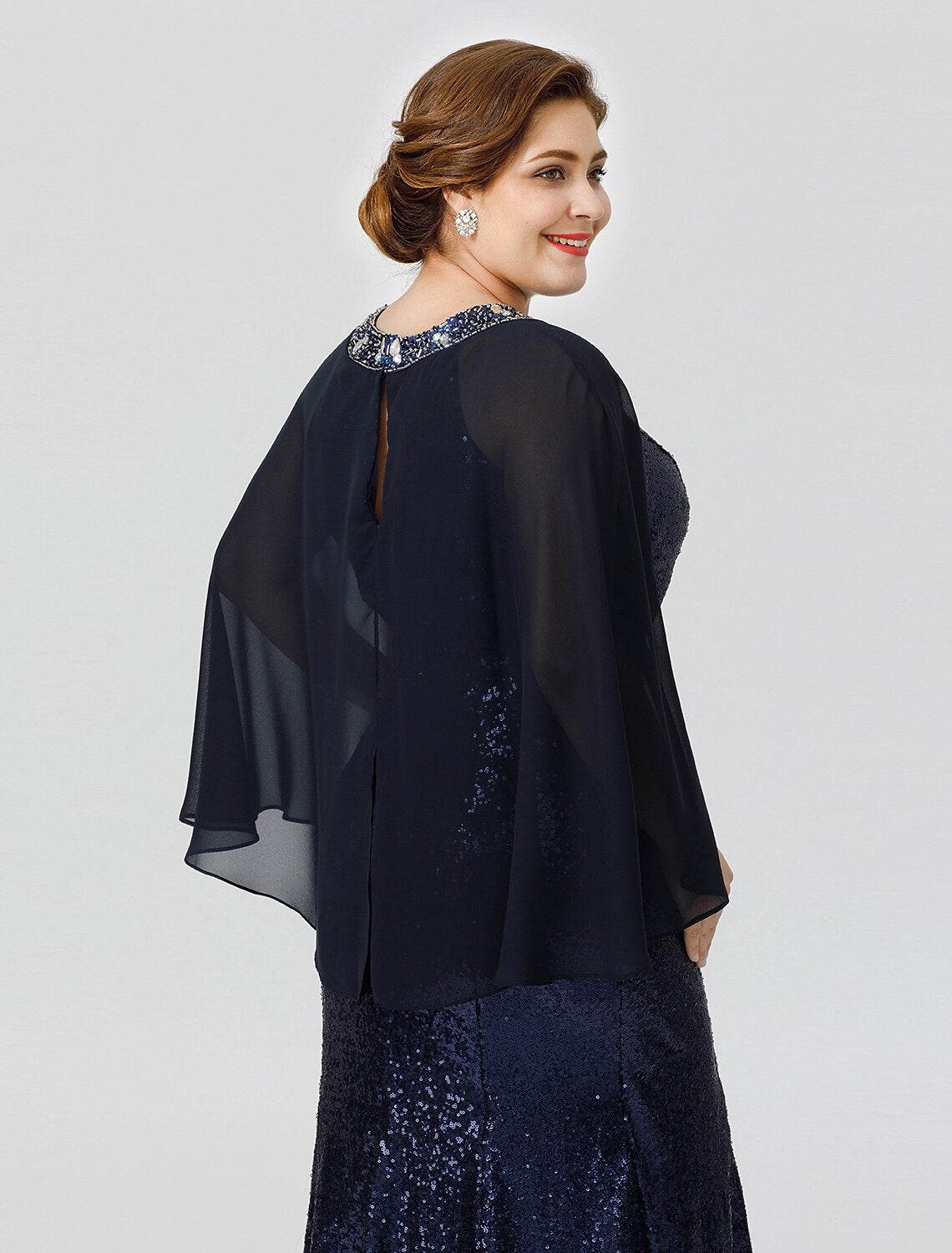 wholesale  Mermaid / Trumpet Mother of the Bride Dress Formal Chic & Modern Glamorous & Dramatic Plus Size Jewel Neck Floor Length Chiffon Sequined 3/4 Length Sleeve No with Crystals Beading