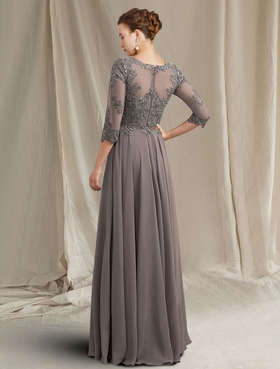 wholesale  Sheath / Column Mother of the Bride Dress Plus Size Elegant Jewel Neck Floor Length Chiffon Lace 3/4 Length Sleeve with Pleats Appliques