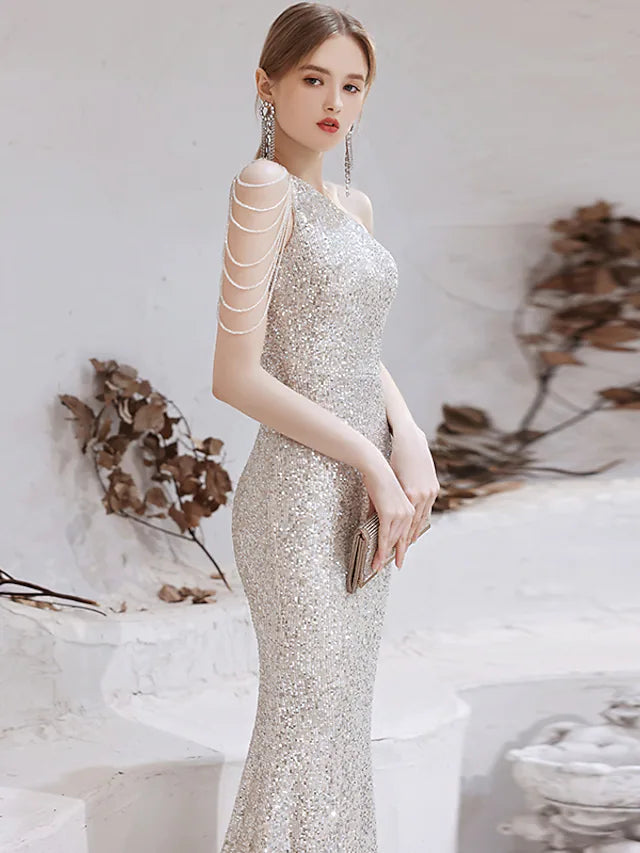 Wholesa Mermaid / Trumpet Evening Gown Sparkle Dress Wedding Guest Floor Length Sleeveless One Shoulder Sequined with Beading Sequin