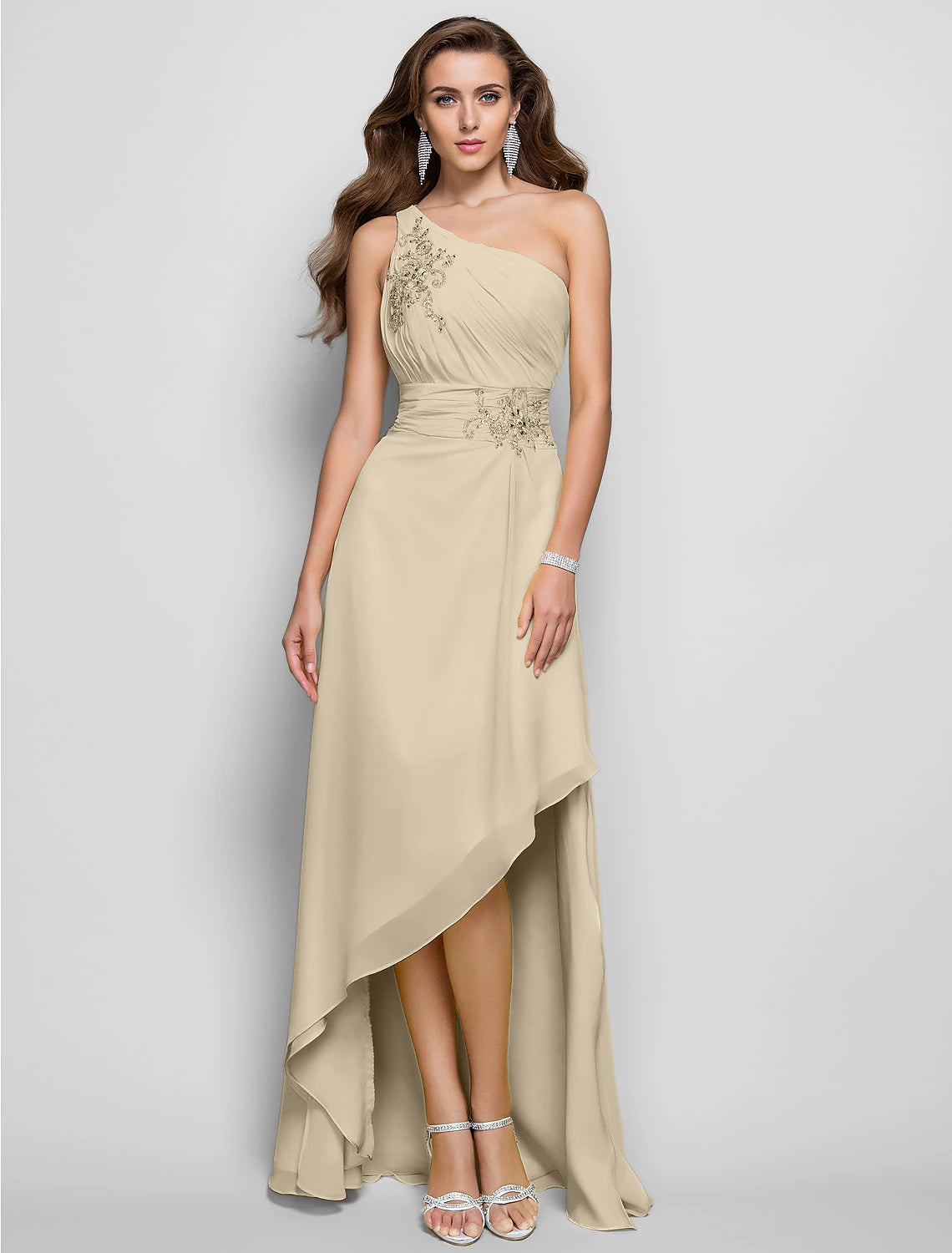 Wholesa Sheath / Column Elegant Dress Wedding Guest Cocktail Party Asymmetrical Sleeveless One Shoulder Bridesmaid Dress Chiffon with Beading Slit Appliques