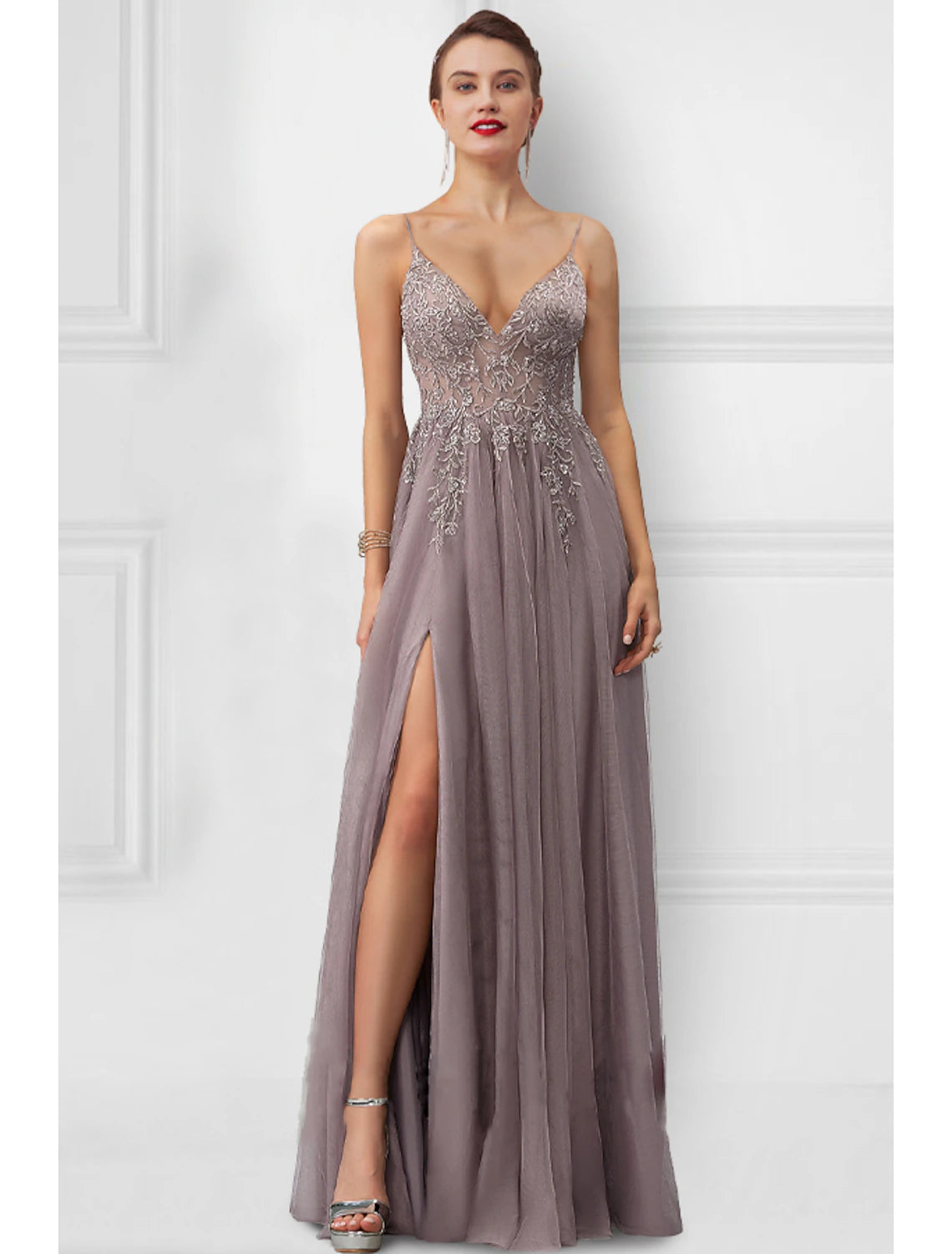 Wholesa A-Line Prom Dresses Floral Dress Party Wear Prom Floor Length Sleeveless Spaghetti Strap Tulle with Slit