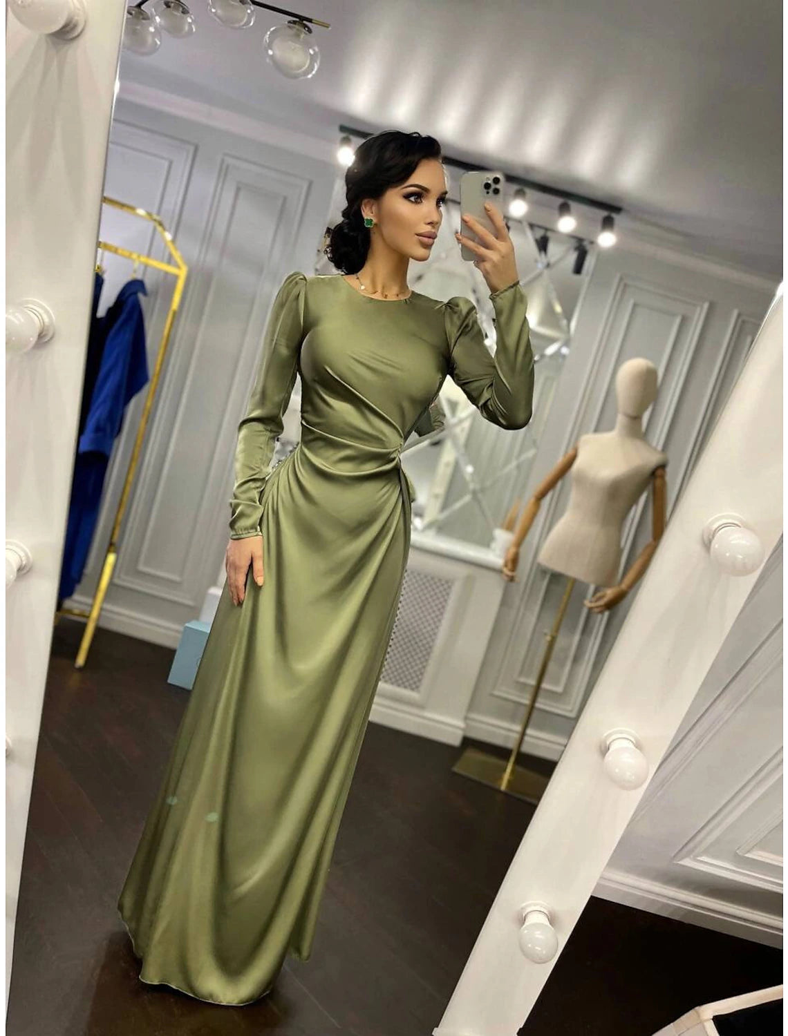 Wholesa Sheath Party Dress Evening Gown Elegant Dress Wedding Guest Fall Floor Length Long Sleeve High Neck Bridesmaid Dress Satin with Ruched