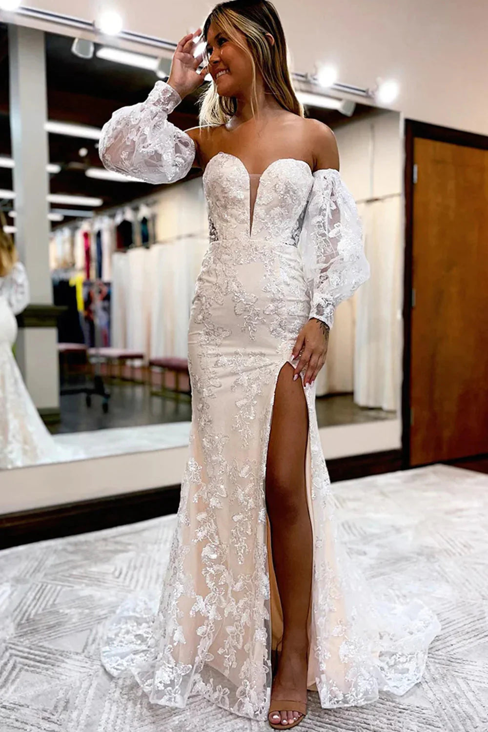 Wholesa Detachable Sleeves Sweetheart Lace Long Prom Dress with Slit
