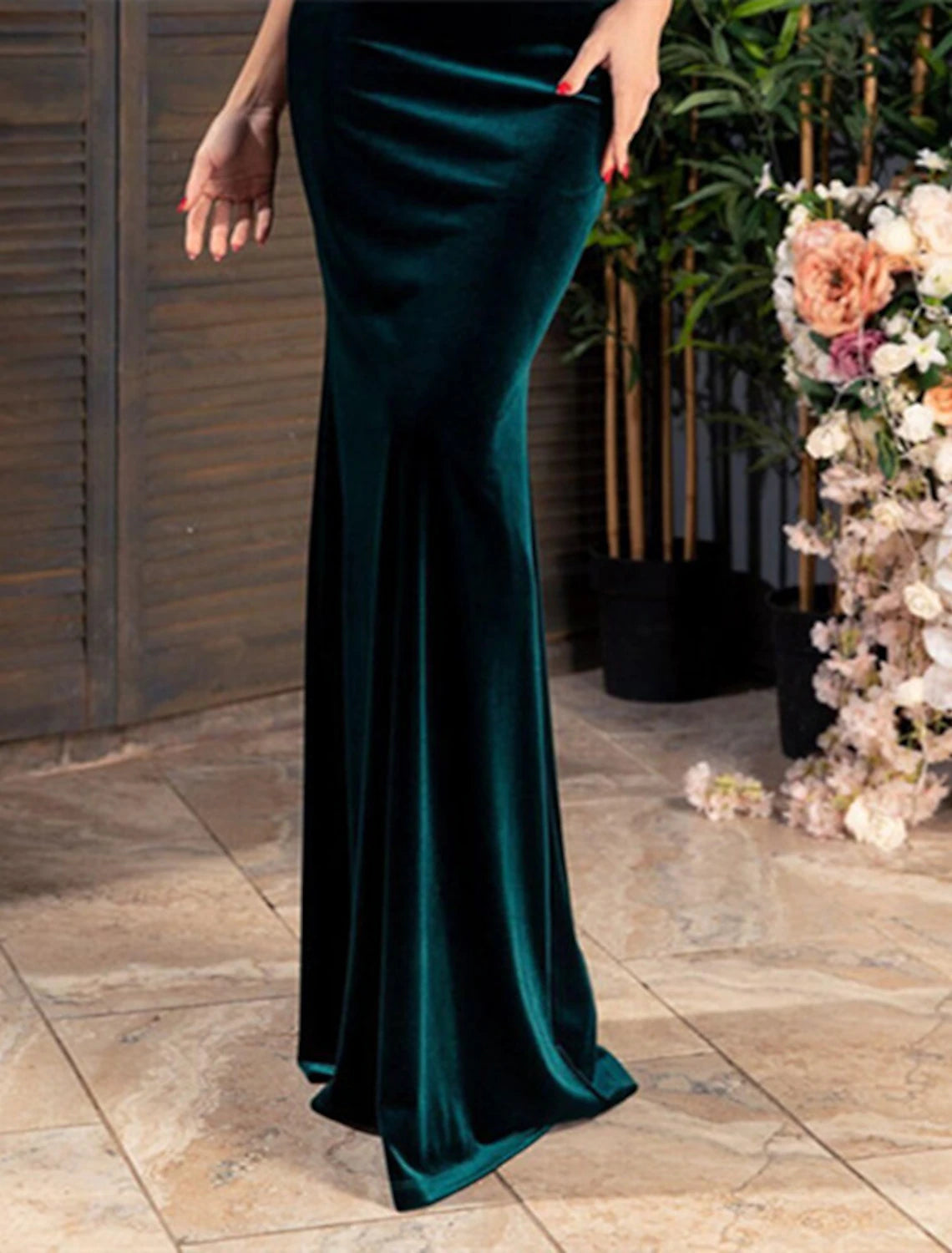 Wholesa  Mermaid / Trumpet Mother of the Bride Dress Wedding Guest Elegant Jewel Neck Floor Length Velvet Half Sleeve No with Ruched Solid Color