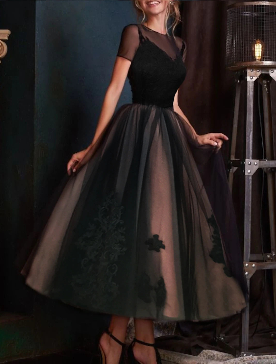 Wholesa A-Line Evening Gown Black Dress Vintage Halloween Wedding Party Ankle Length Short Sleeve Illusion Neck Wednesday Addams Family Lace with Pleats Embroidery