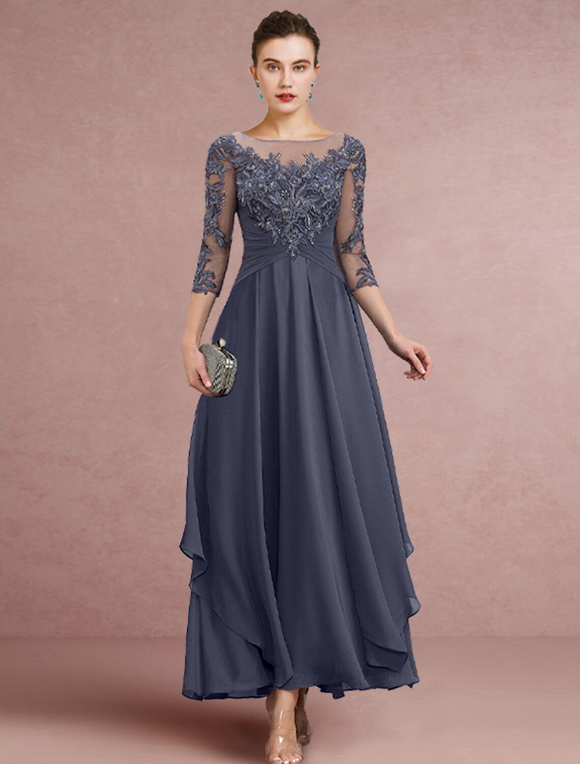 wholesale  Sheath / Column Mother of the Bride Dress Wedding Guest Simple Elegant Jewel Neck Ankle Length Chiffon Lace 3/4 Length Sleeve with Pleats Sequin