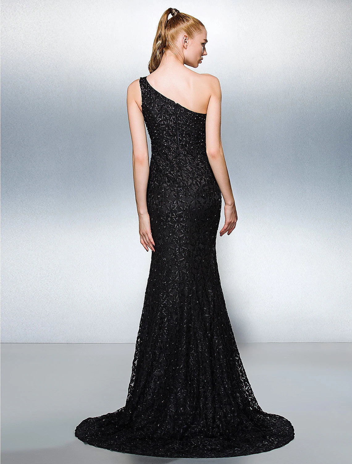 Wholesa Sheath / Column Sparkle & Shine Dress Holiday Cocktail Party Court Train Sleeveless One Shoulder Lace with Beading