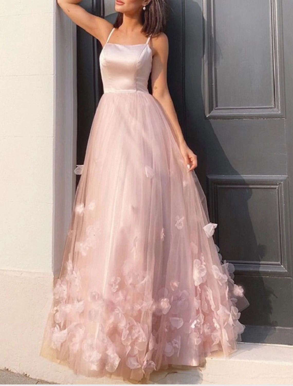Wholesa A-Line Prom Party Dress Floral Dress Performance Sweet 16 Floor Length Sleeveless Spaghetti Strap Tulle with Pleats Appliques