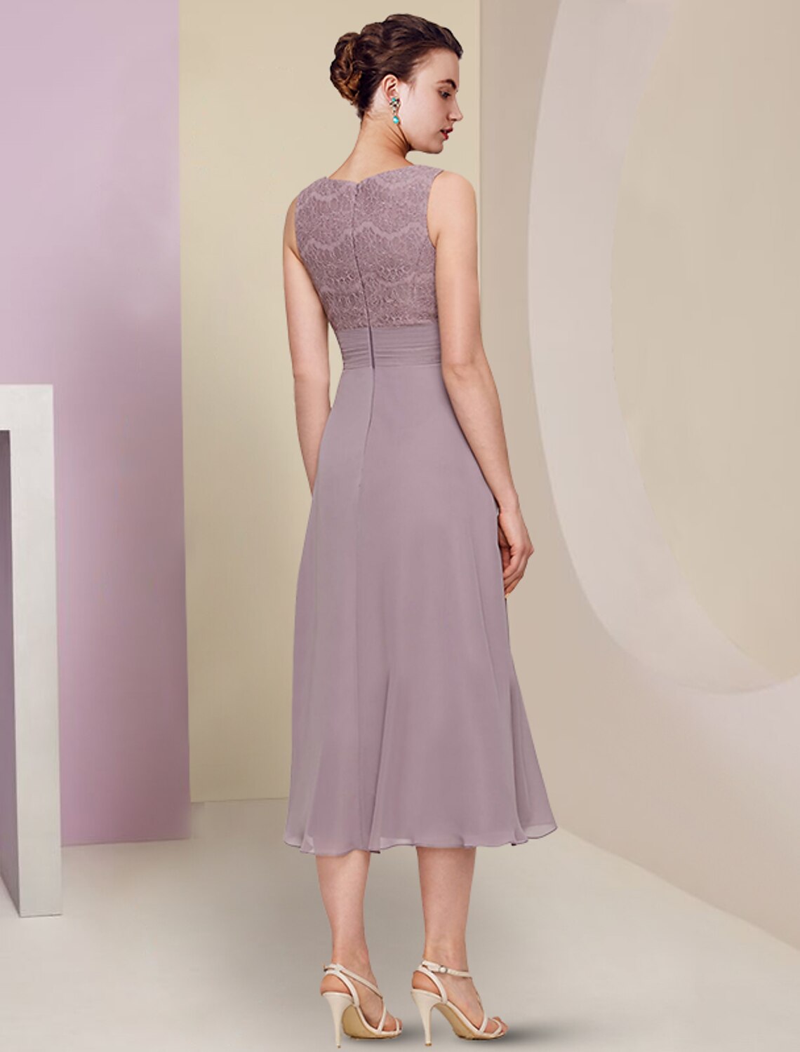 wholesale  Two Piece Mother of the Bride Dress Wedding Guest Church Elegant Jewel Neck Tea Length Chiffon Lace Half Sleeve with Solid Color