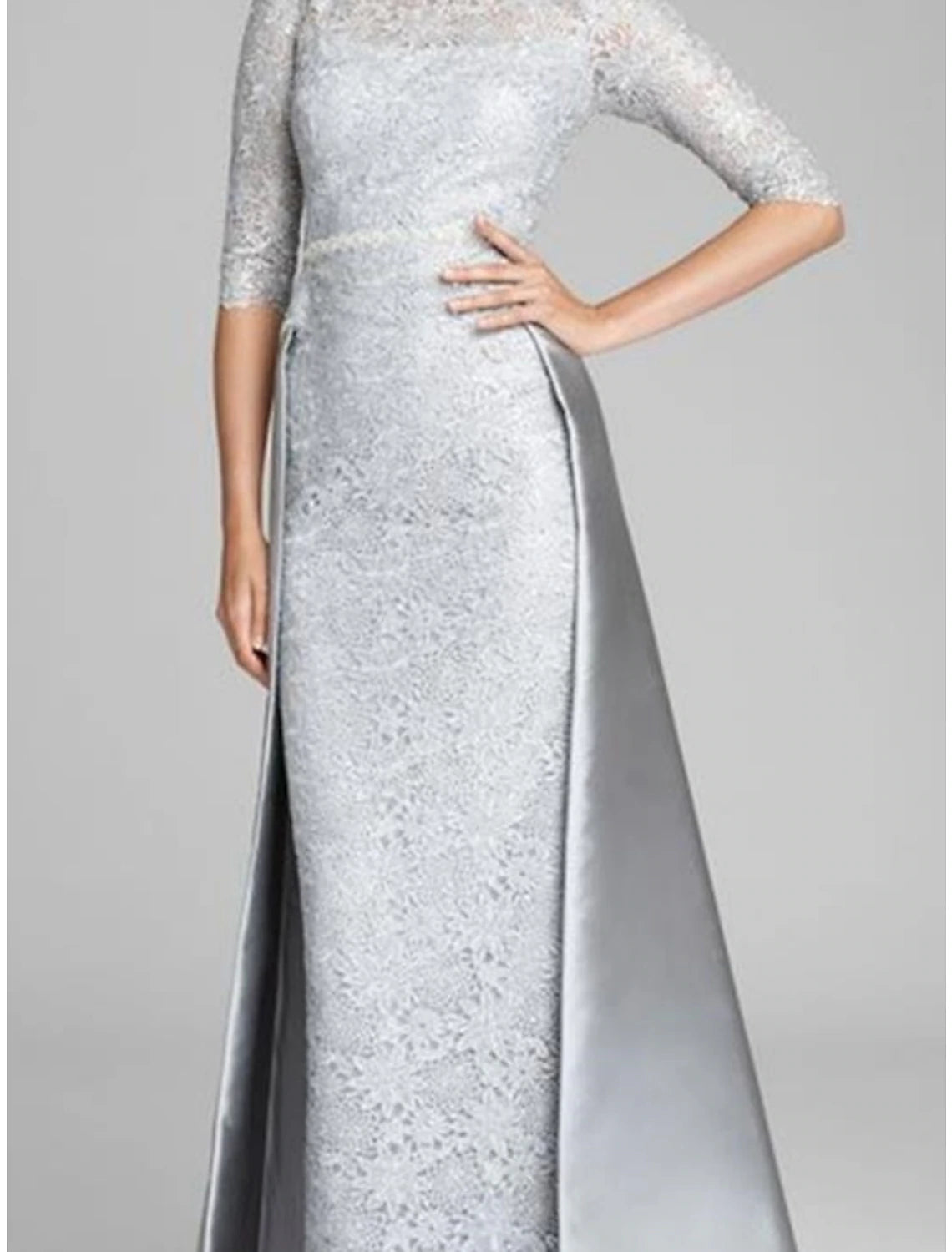 Wholesa Sheath / Column Mother of the Bride Dress Wedding Guest Elegant Jewel Neck Floor Length Satin Lace Half Sleeve with Ruching Solid Color