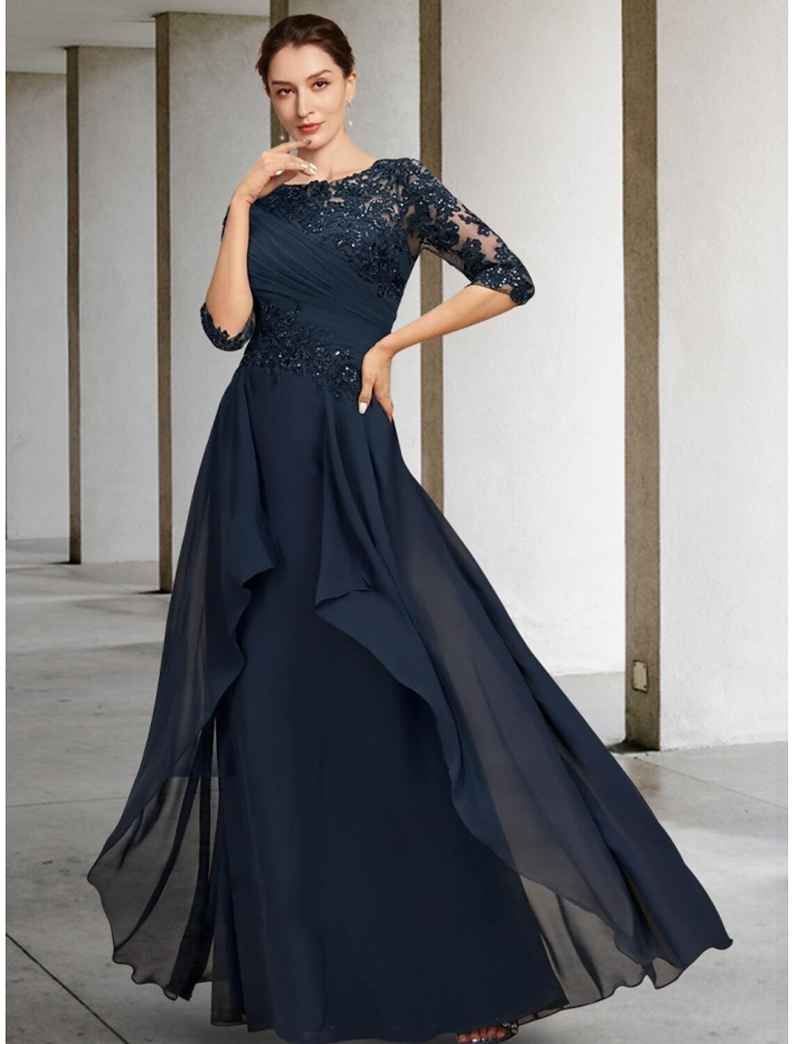 Wholesa A-Line Mother of the Bride Dress Wedding Guest Elegant Scoop Neck Floor Length Chiffon Lace Half Sleeve with Sequin Ruching Solid Color
