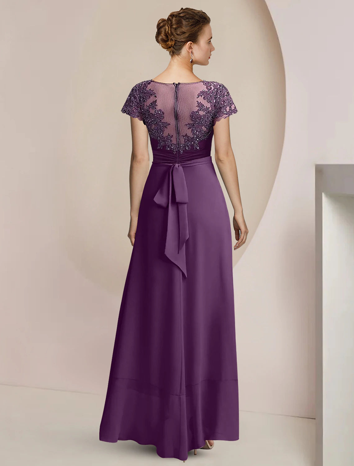 wholesale  A-Line Mother of the Bride Dress Formal Wedding Guest Party Elegant Scoop Neck Asymmetrical Tea Length Chiffon Lace Short Sleeve with Beading Sequin Appliques