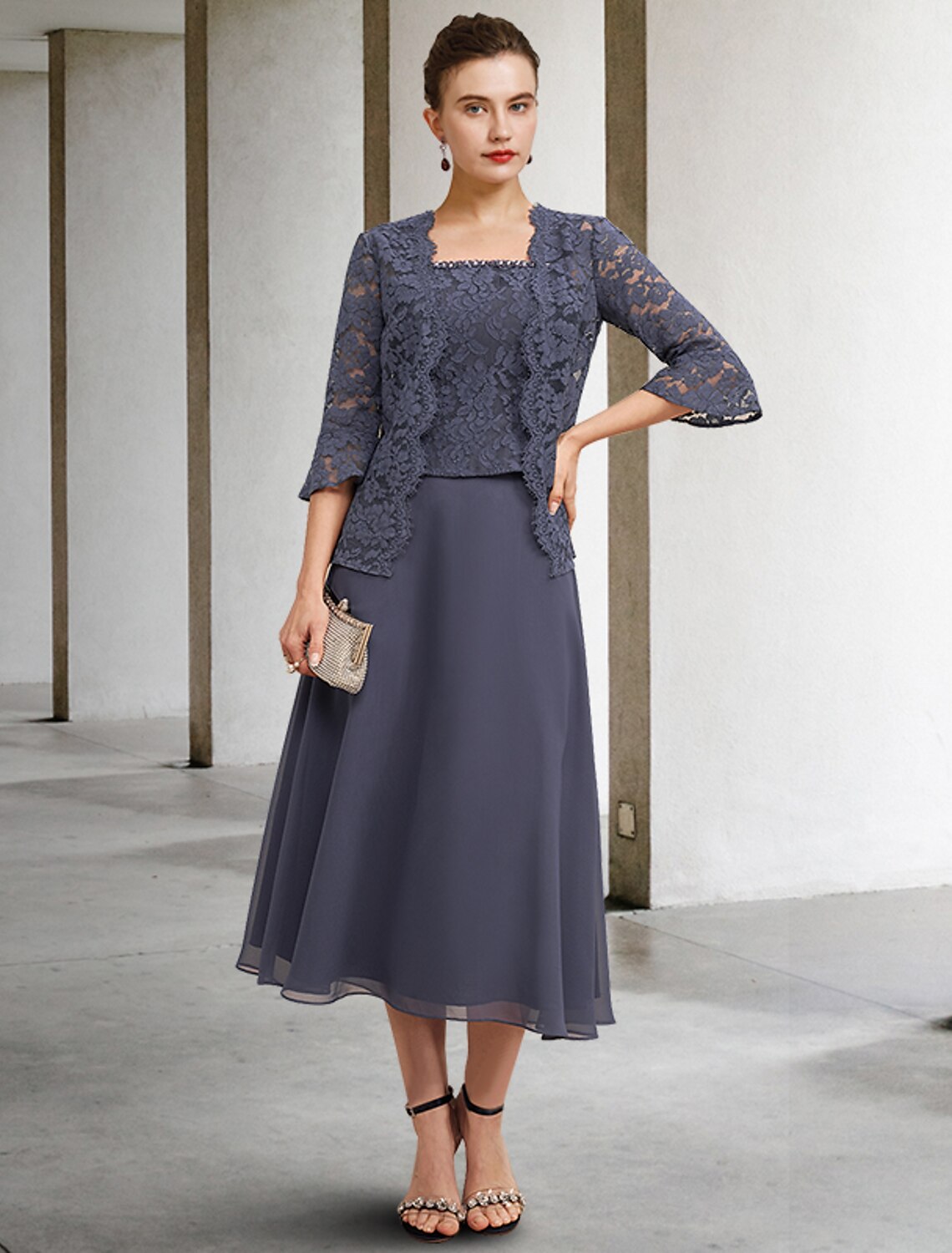 wholesale  A-Line 3 Piece Mother of the Bride Dress Plus Size Elegant Square Neck Tea Length Chiffon Lace Sleeveless Wrap Included Jacket Dresses with Crystals Ruffles