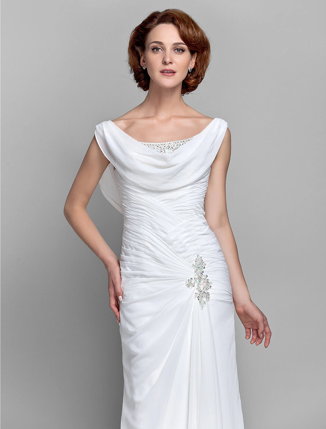 wholesale  Sheath / Column Mother of the Bride Dress Fall Wedding Guest Dresses Vintage Inspired Cowl Neck Floor Length Chiffon Sleeveless with Buttons Criss Cross Crystals