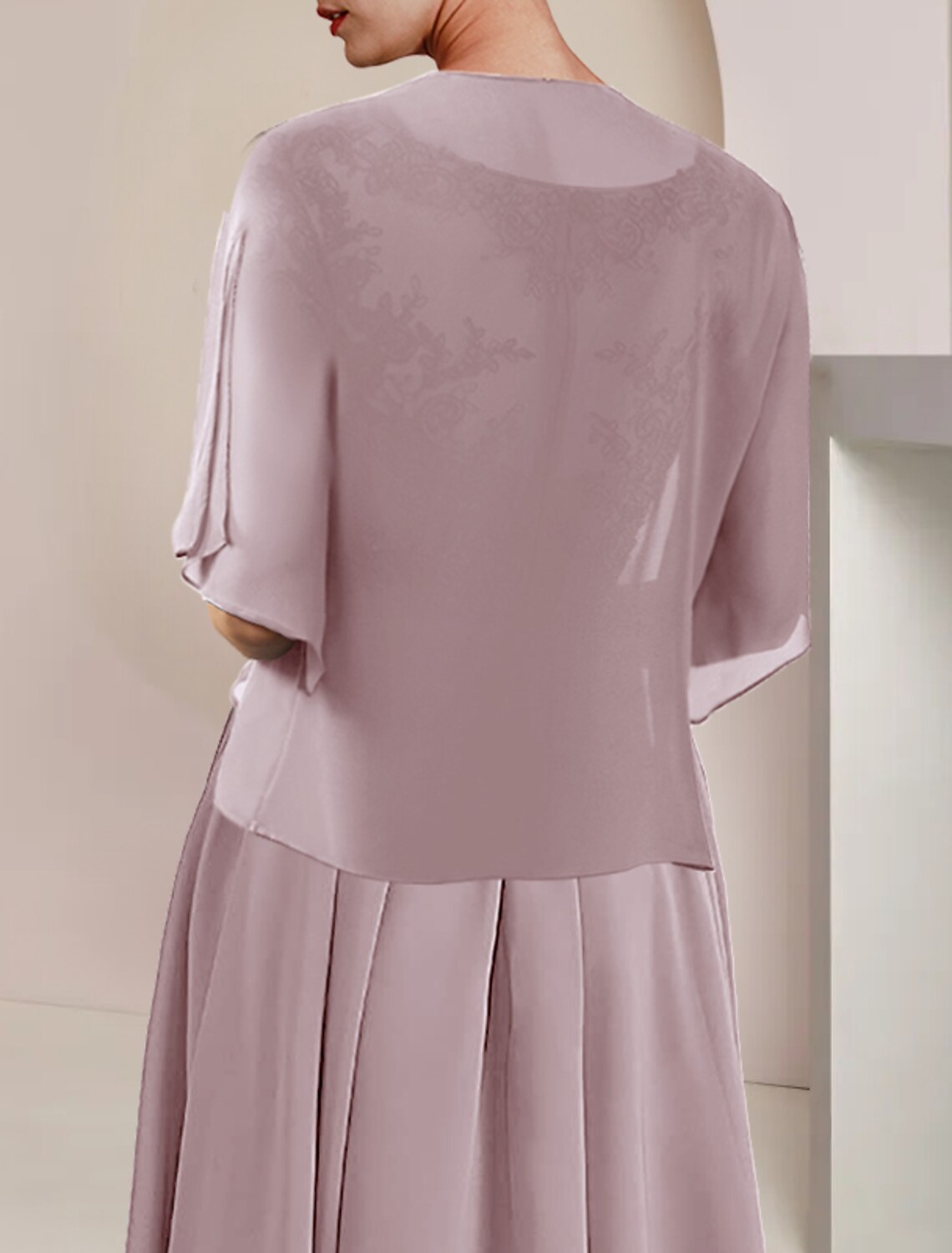 wholesale  Two Piece A-Line Mother of the Bride Dress Formal Wedding Guest Elegant V Neck Asymmetrical Tea Length Chiffon Lace Short Sleeve Wrap Included with Pleats Appliques