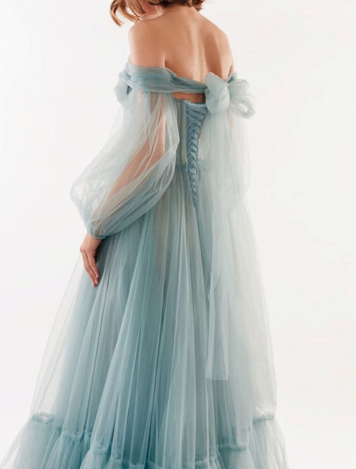 wholesale  A-Line Elegant Sexy Wedding Guest Prom Dress Off Shoulder Long Sleeve Floor Length Tulle with Bow(s) Pleats