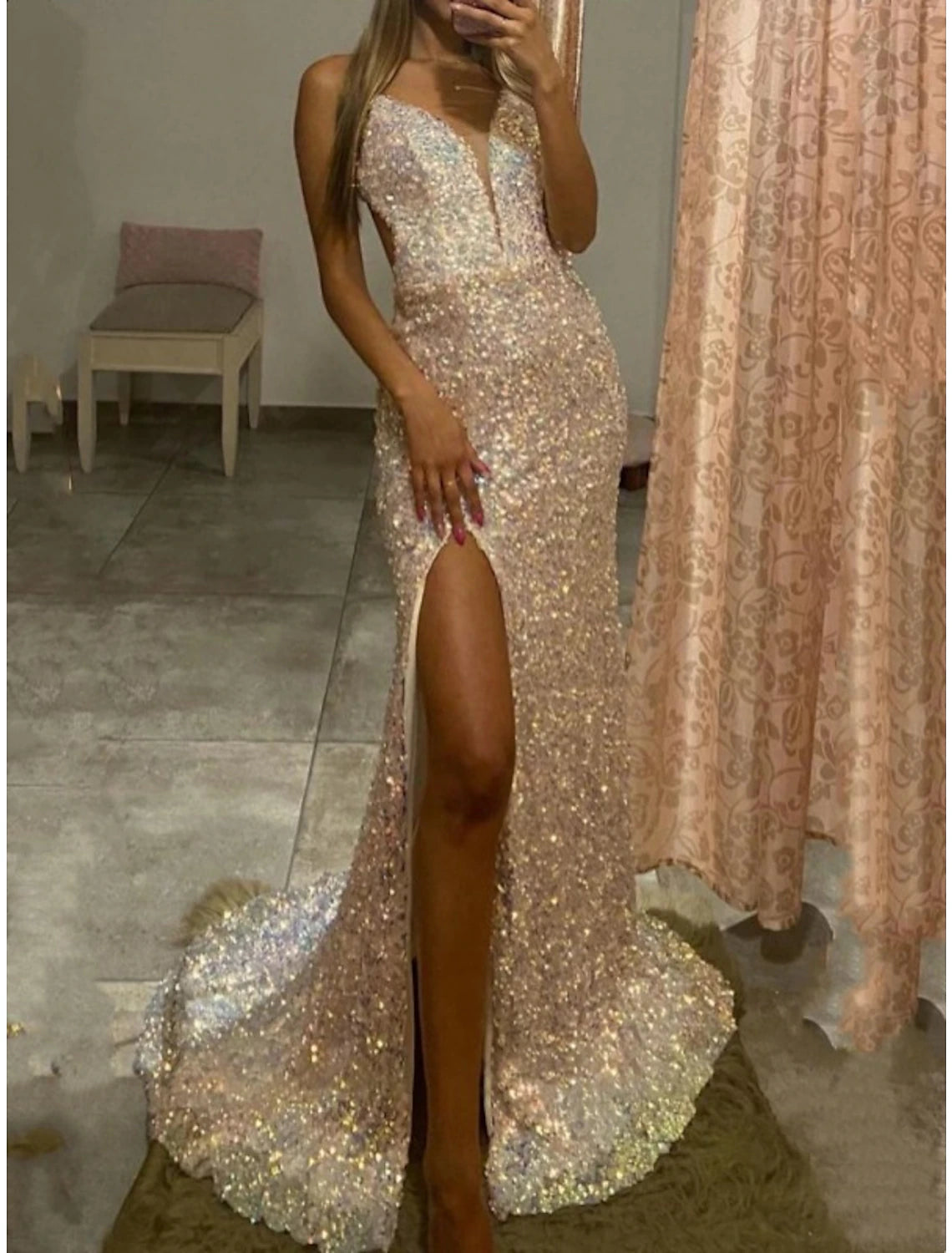 Wholesa Sheath / Column Prom Dresses Corsets Dress Wedding Party Sweep / Brush Train Sleeveless Spaghetti Strap Sequined Backless with Glitter Slit