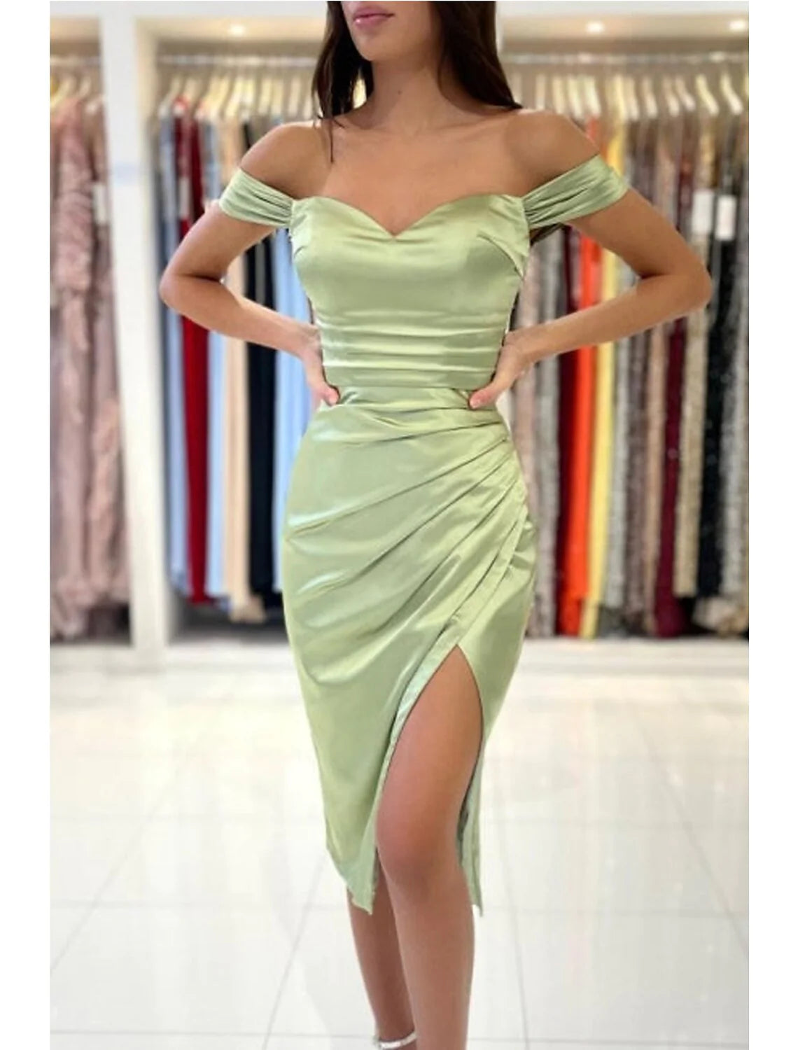 Wholesa Mermaid / Trumpet Prom Dresses Minimalist Dress Cocktail Party Tea Length Sleeveless Sweetheart Charmeuse Backless with Pleats Ruched