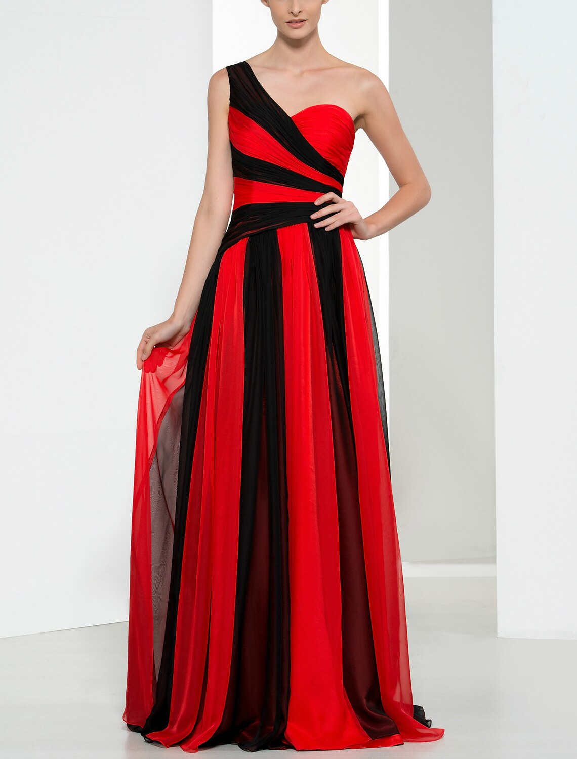 Wholesa Sheath / Column Color Block Sexy Wedding Guest Formal Evening Dress One Shoulder Sleeveless Floor Length Chiffon with Pleats