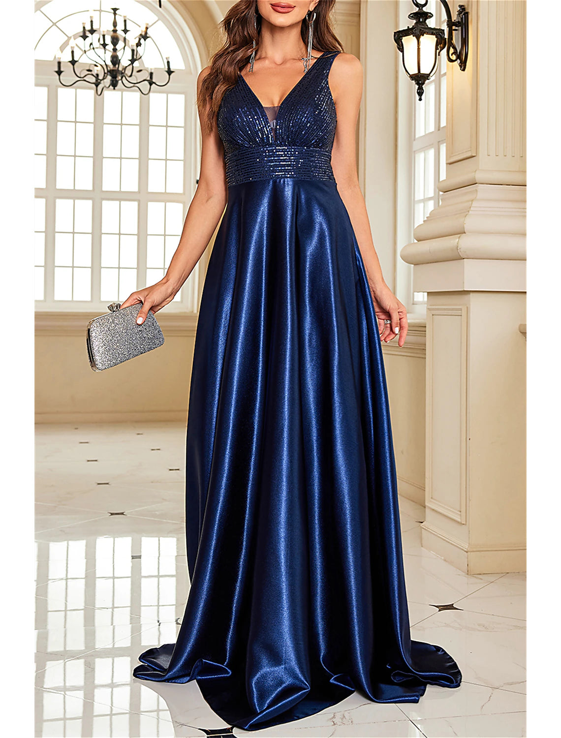 Wholesa A-Line Mother of the Bride Dress Wedding Guest Elegant Party Sparkle & Shine V Neck Floor Length Satin Sequined Sleeveless with Sequin Color Block