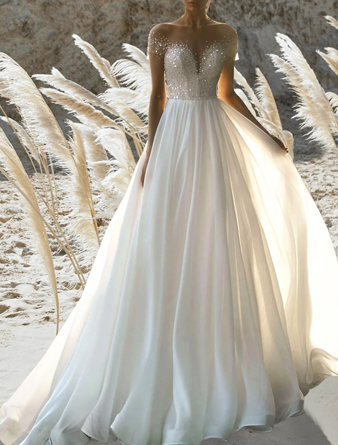 Wholesa  Beach Formal Wedding Dresses A-Line Off Shoulder Short Sleeve Court Train Chiffon Bridal Gowns With Pleats Beading