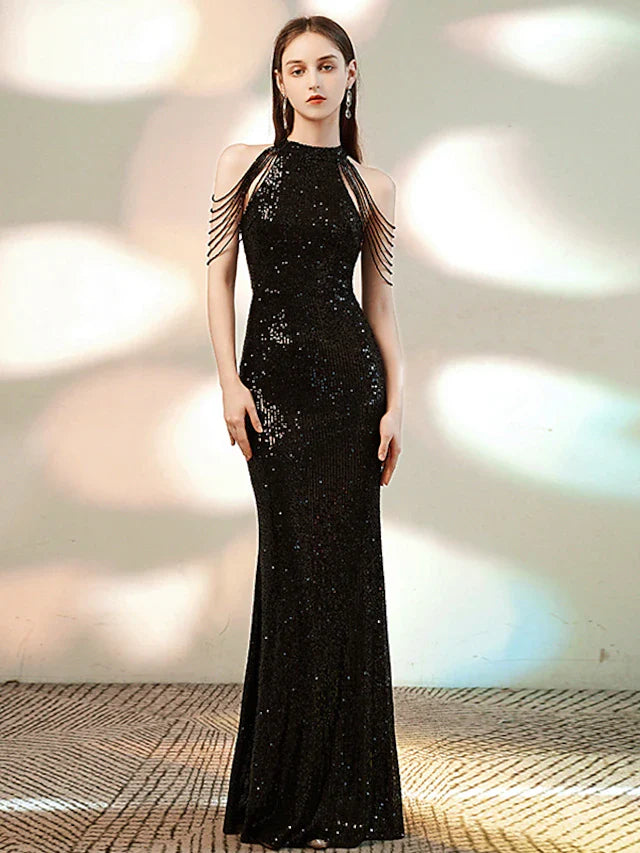 Wholesa Mermaid / Trumpet Evening Gown Sparkle Dress Party Wear Floor Length Sleeveless Halter Sequined with Beading Sequin