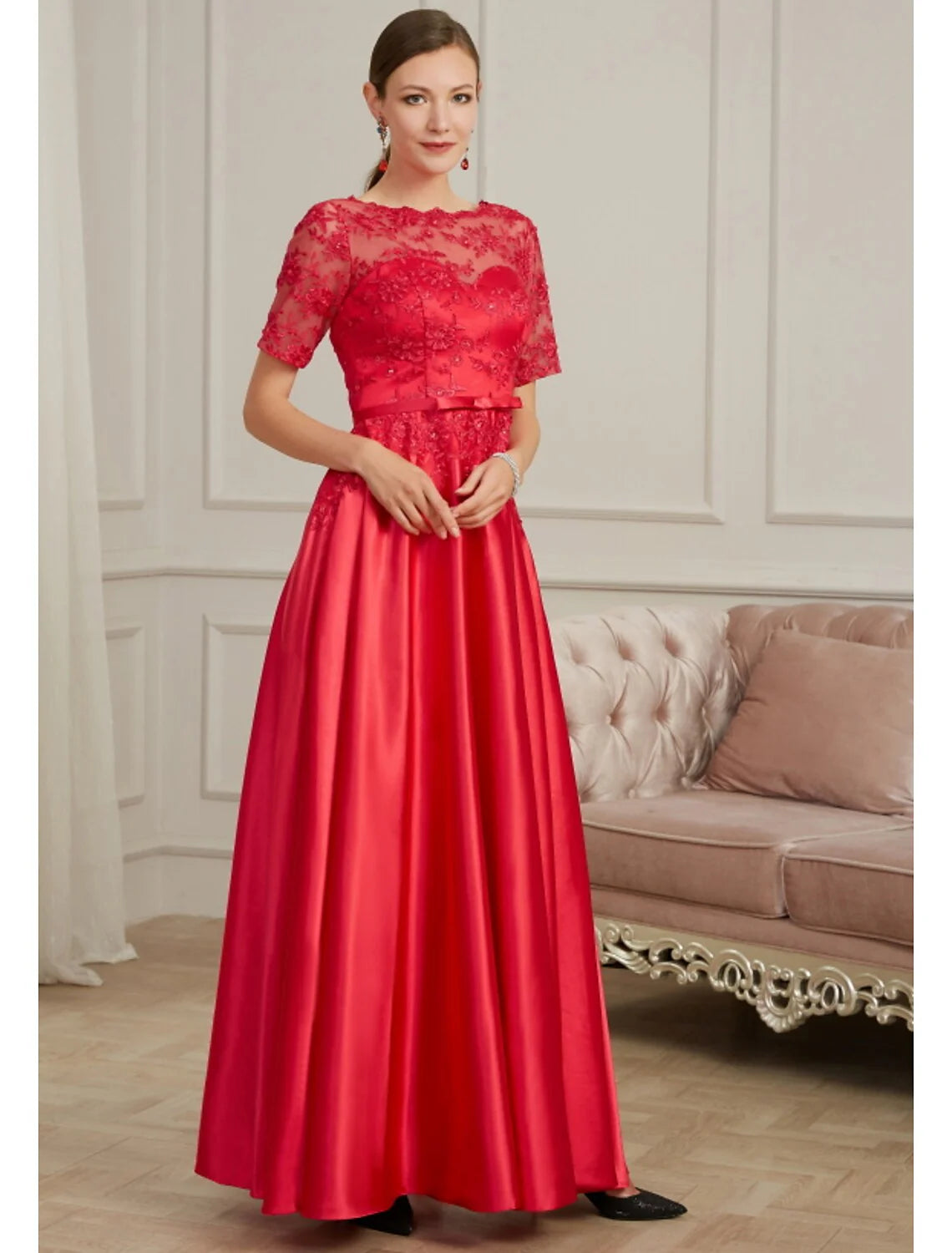 Wholesa A-Line Evening Gown Elegant Dress Wedding Guest Floor Length Short Sleeve Jewel Neck Polyester with Pleats Beading Appliques