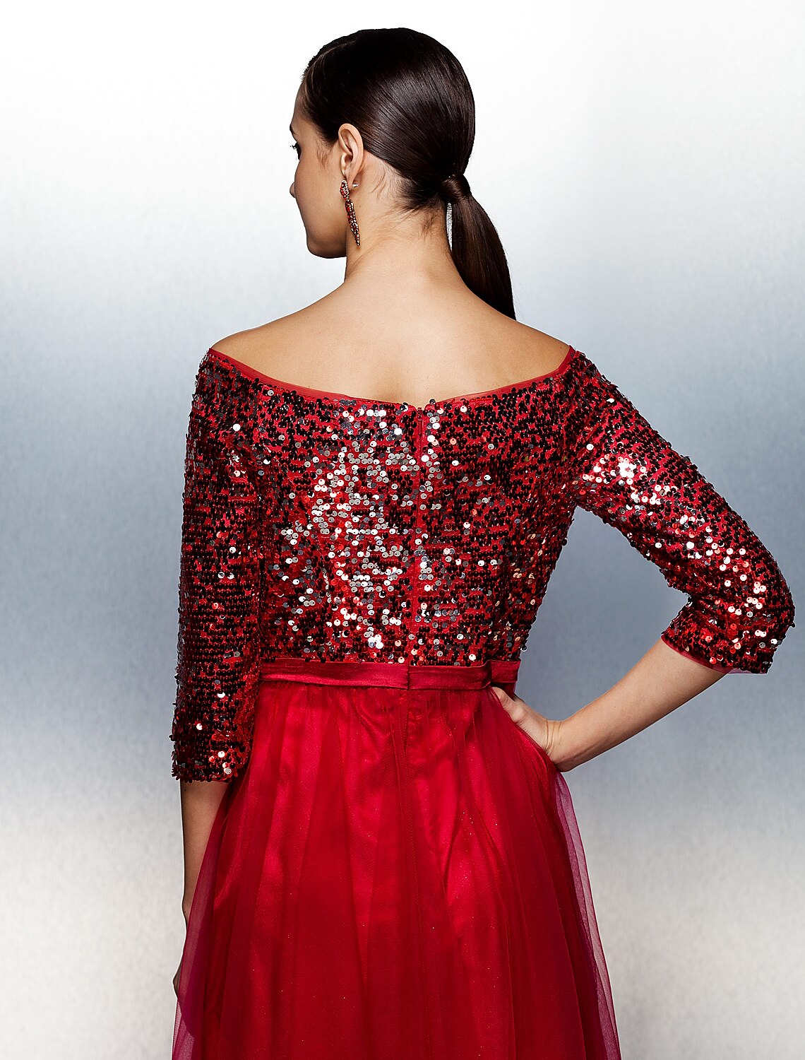 Wholesa A-Line Bateau Neck / Boat Neck Floor Length Tulle / Sequined Sparkle & Shine / Beaded & Sequin Prom / Formal Evening Dress with Sash / Ribbon / Sequin