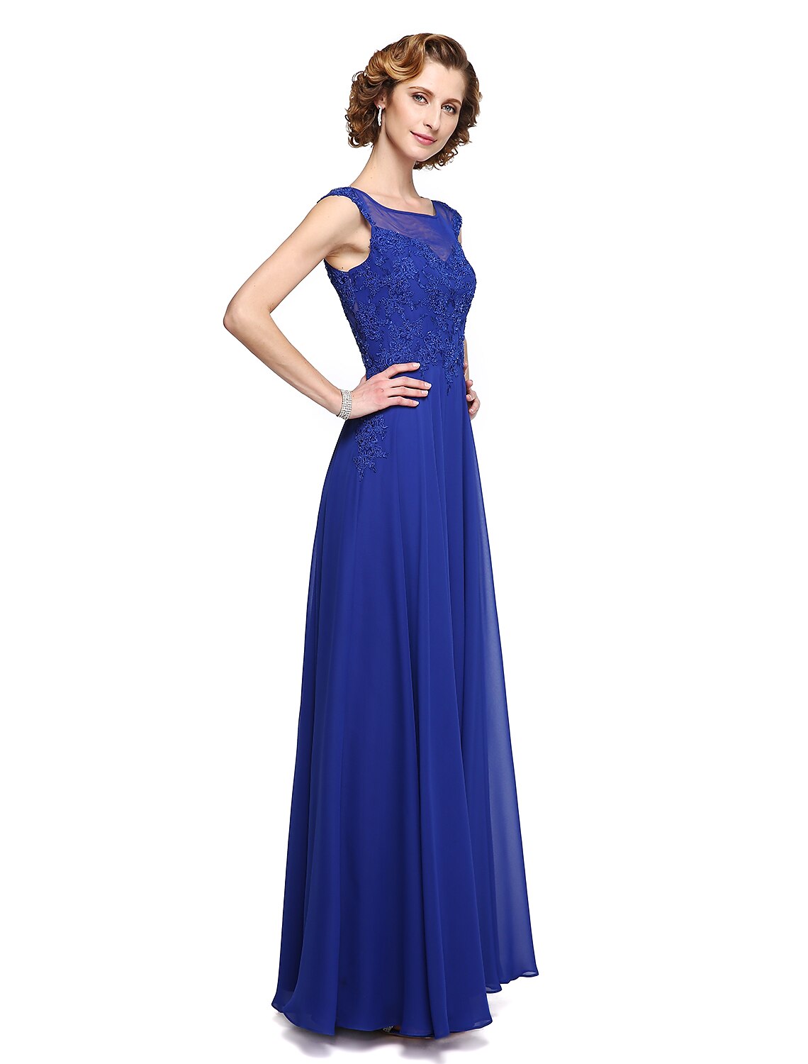 wholesale  A-Line Mother of the Bride Dress Elegant Jewel Neck Ankle Length Chiffon Lace Sleeveless with Appliques