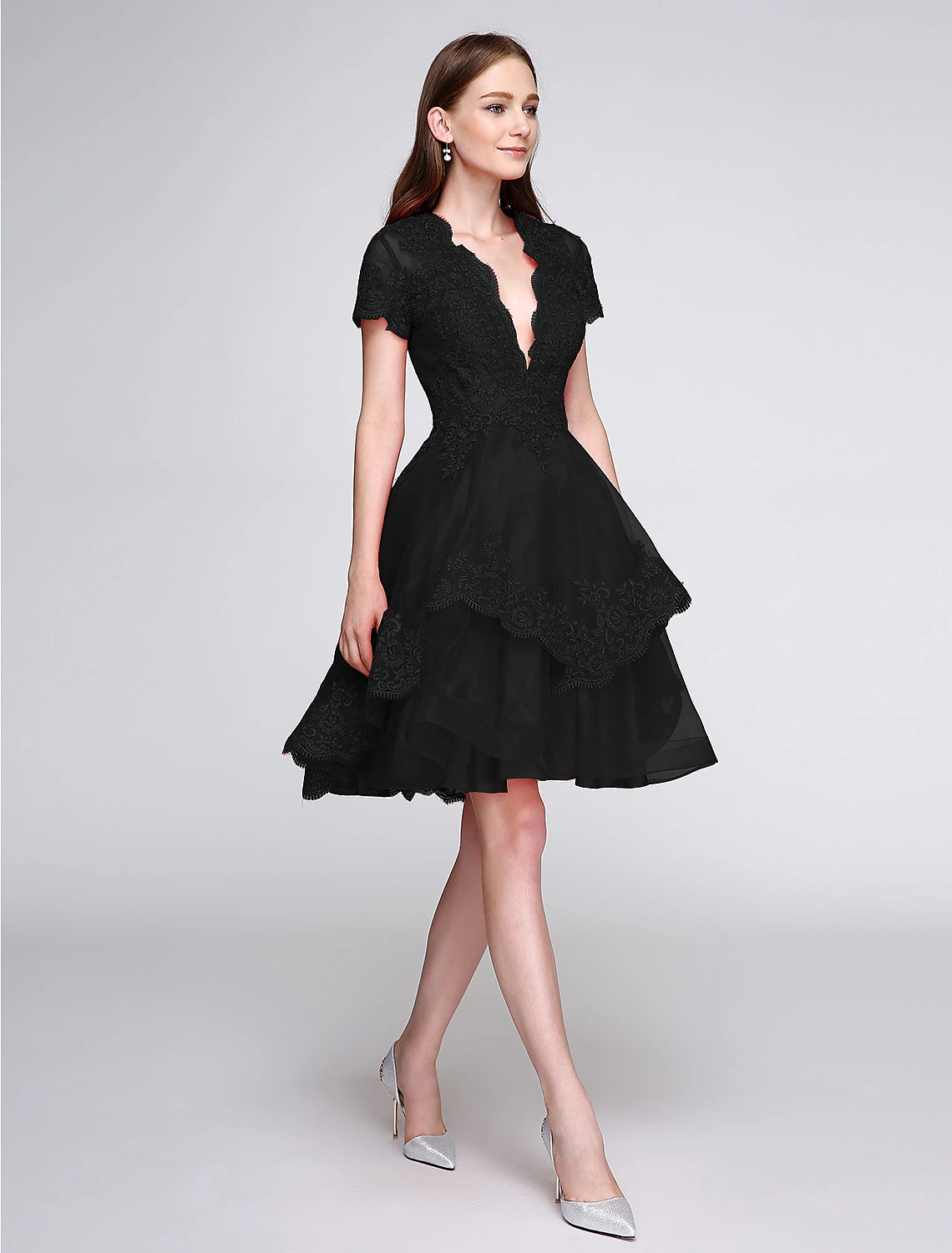 wholesa Ball Gown Cute Dress Cocktail Party Prom Knee Length Short Sleeve Plunging Neck Organza with Buttons Appliques