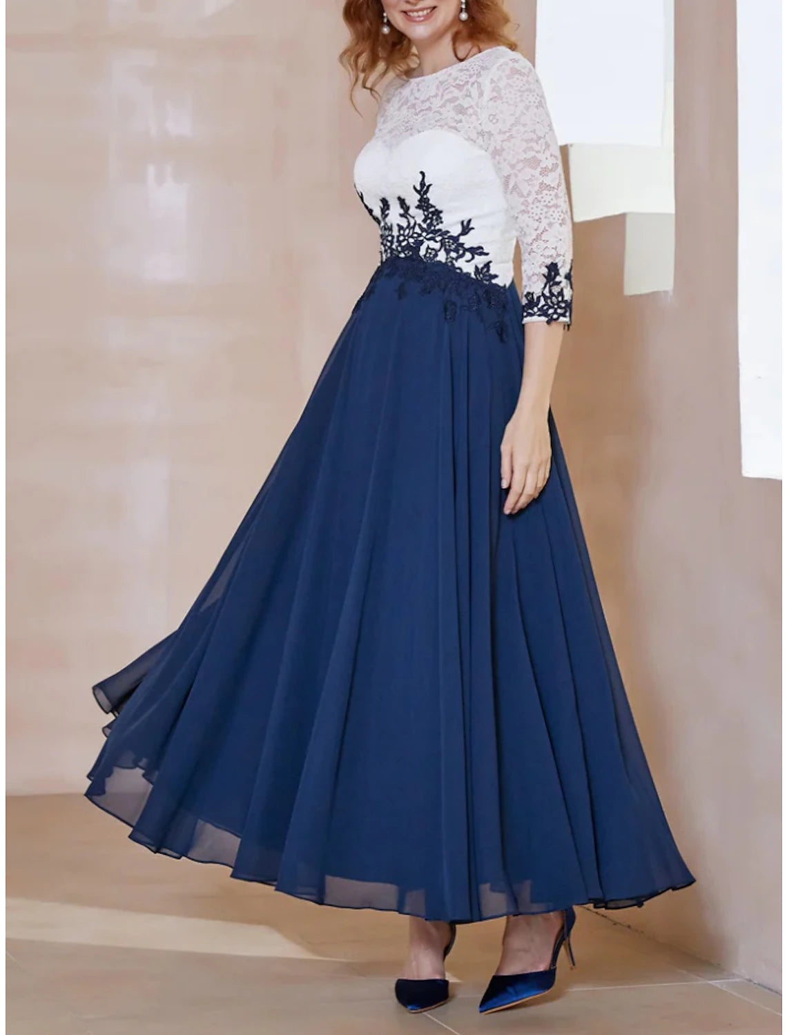 Wholesa A-Line Mother of the Bride Dress Wedding Guest Elegant Scoop Neck Ankle Length Chiffon 3/4 Length Sleeve with Lace Ruching