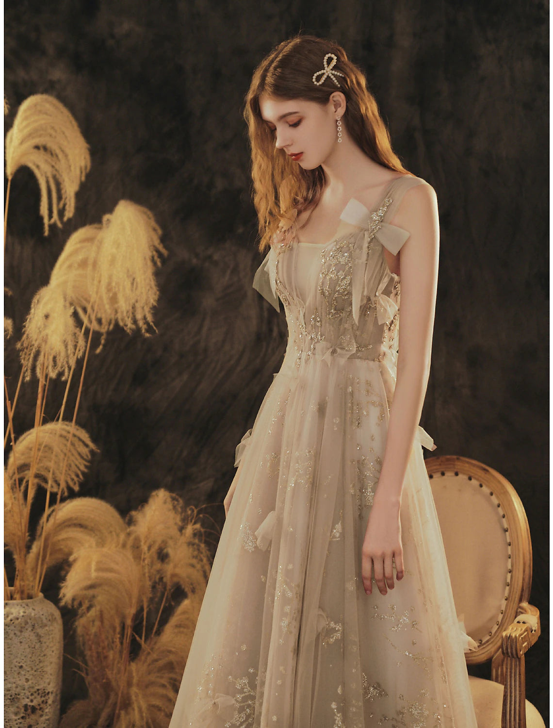 Wholesa A-Line Elegant Floral Engagement Formal Evening Dress Scoop Neck Sleeveless Floor Length Tulle with Bow(s) Pleats