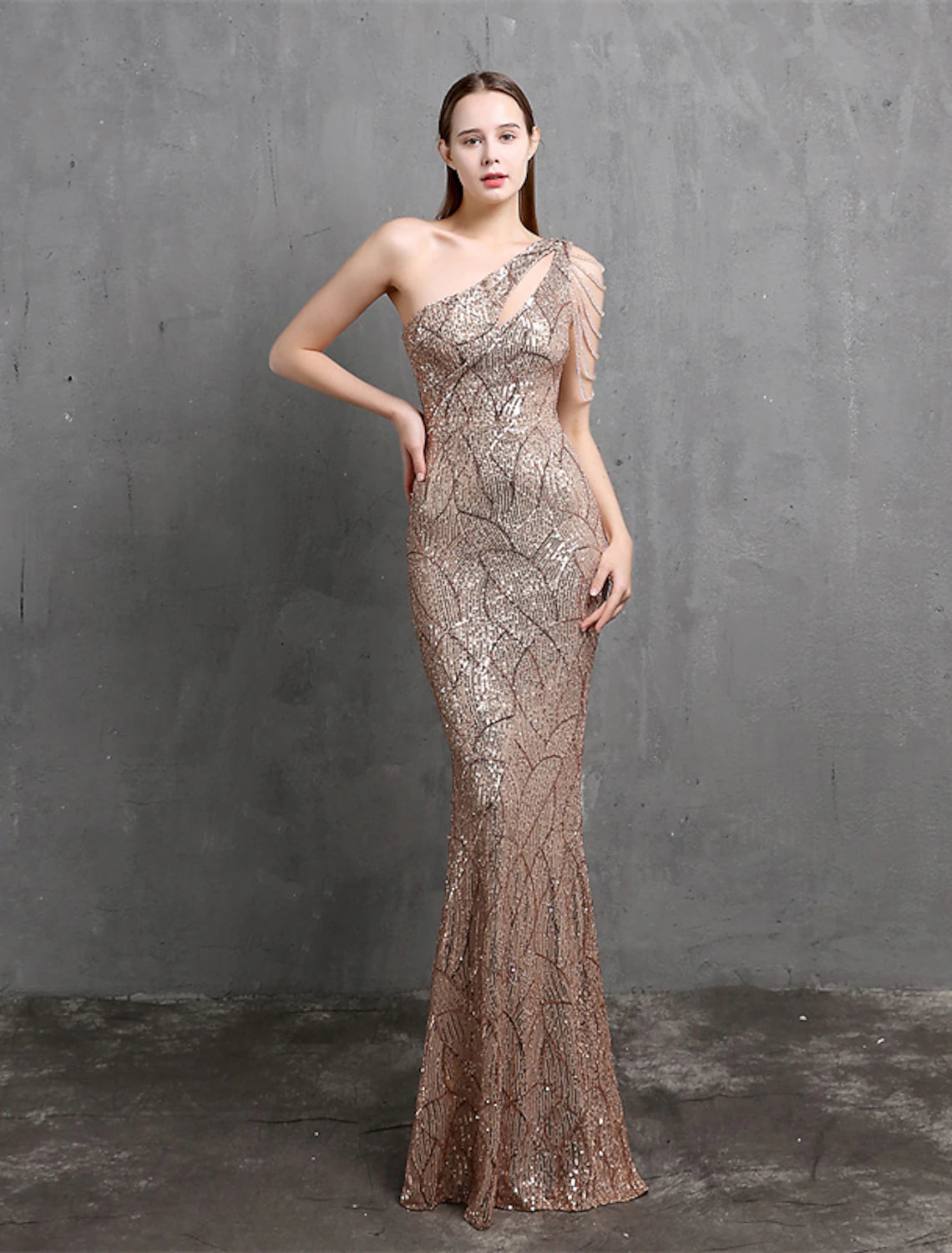 Wholesa Mermaid / Trumpet Evening Gown Sparkle & Shine Dress Formal Wedding Guest Floor Length Short Sleeve One Shoulder Sequined with Sequin