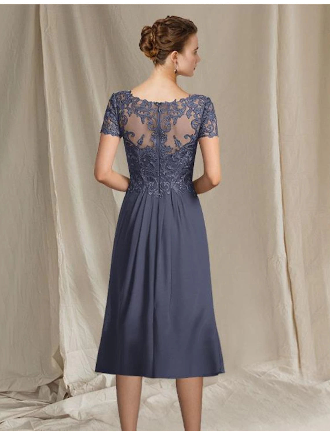 wholesale  A-Line Mother of the Bride Dress Plus Size Elegant V Neck Tea Length Chiffon Lace Short Sleeve with Pleats Appliques