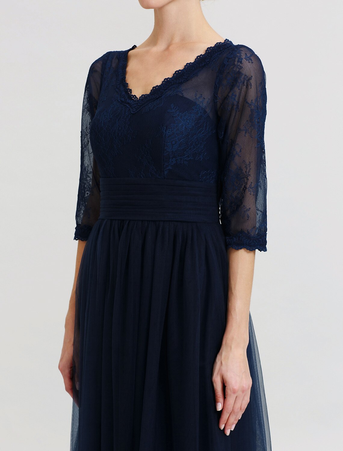 wholesale  Ball Gown A-Line Mother of the Bride Dress Beautiful Back See Through V Neck Floor Length Tulle Sheer Lace 3/4 Length Sleeve with Sash / Ribbon Pleats