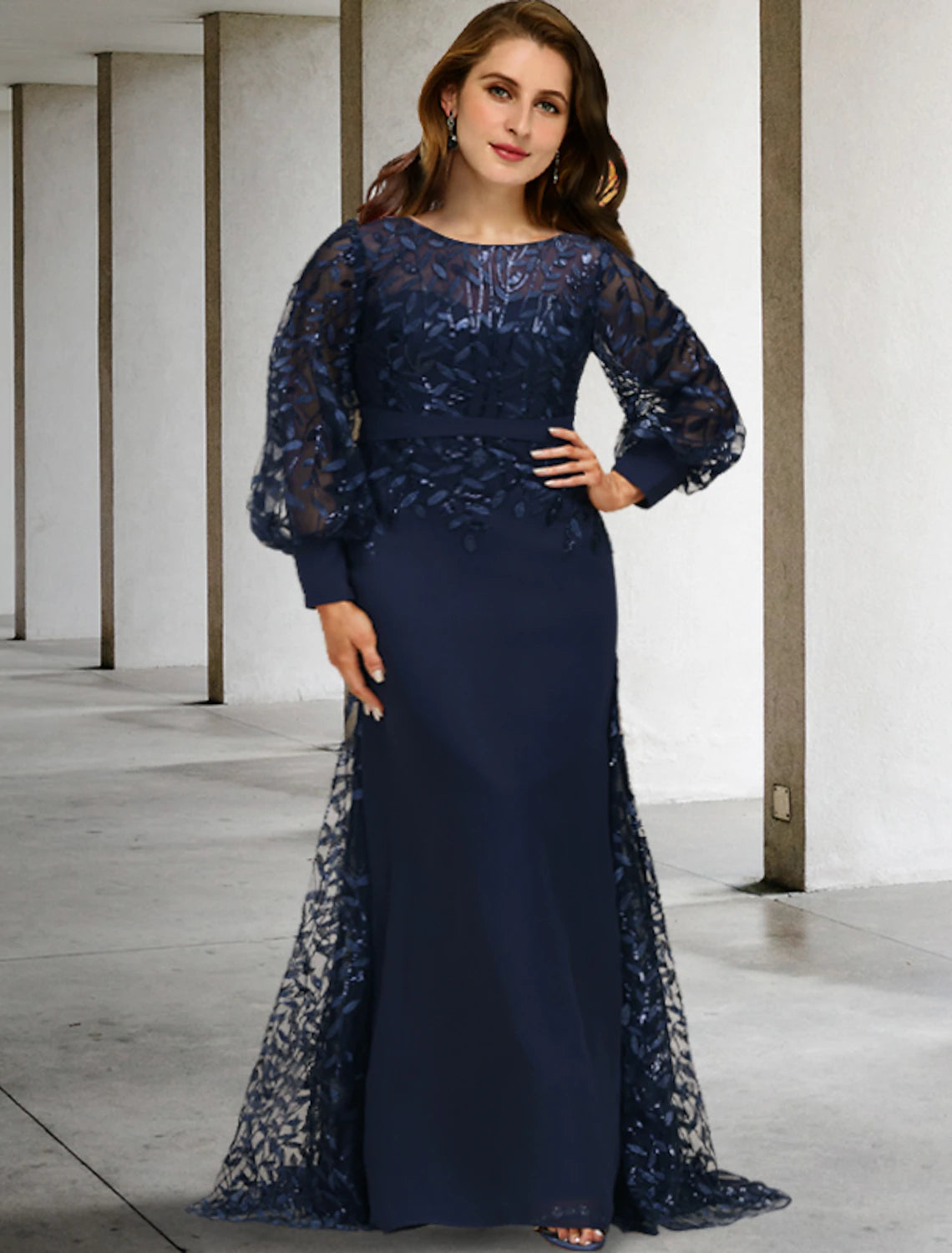 wholesale  Mermaid / Trumpet Mother of the Bride Dresses Plus Size Hide Belly Curve Vintage Dress Formal Sweep / Brush Train Long Sleeve Jewel Neck Chiffon with Sequin Ruffles