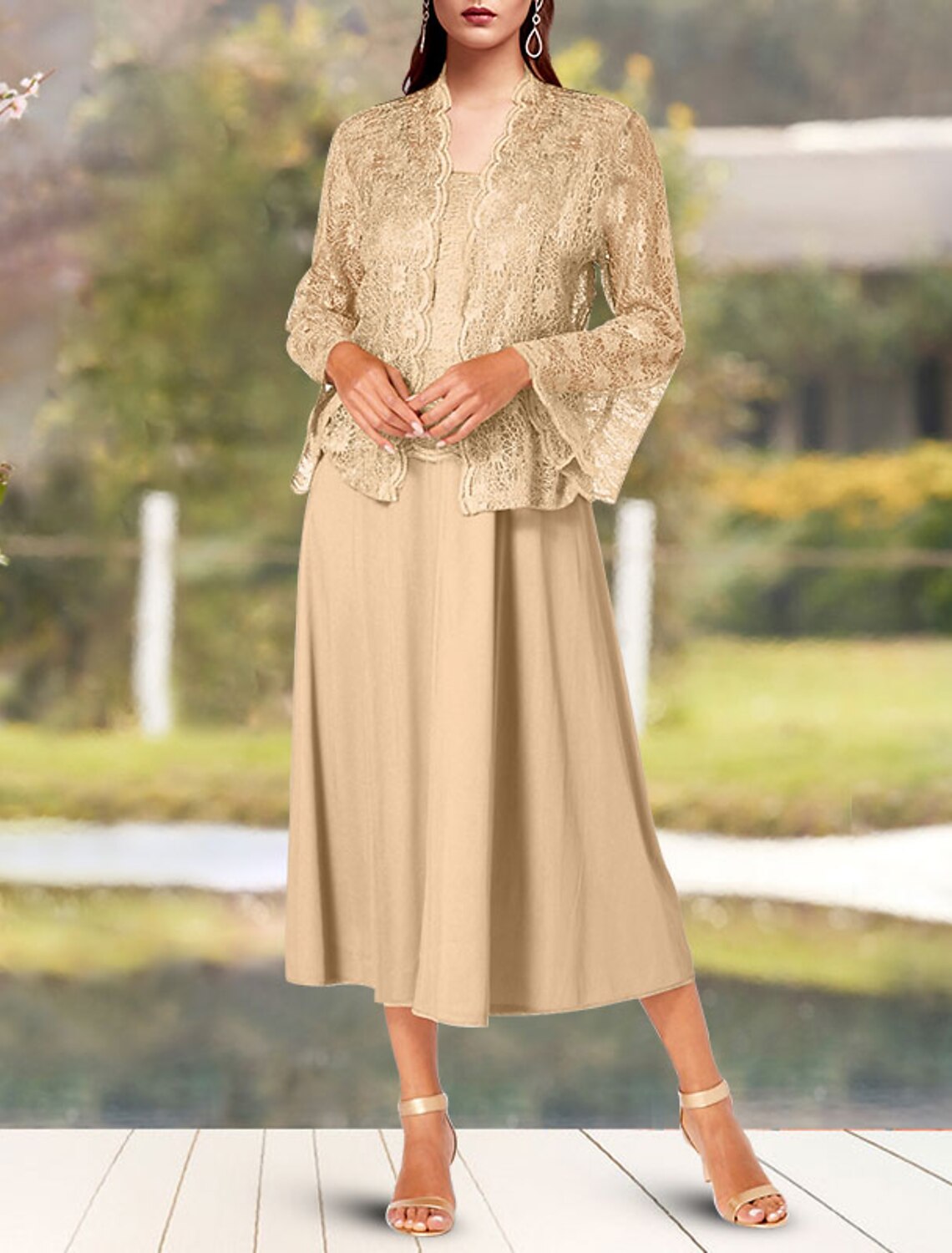 wholesale  Two Piece A-Line Mother of the Bride Dress Church Elegant Square Neck Spaghetti Strap Tea Length Chiffon Lace Sleeveless Short Jacket Dresses with Solid Color