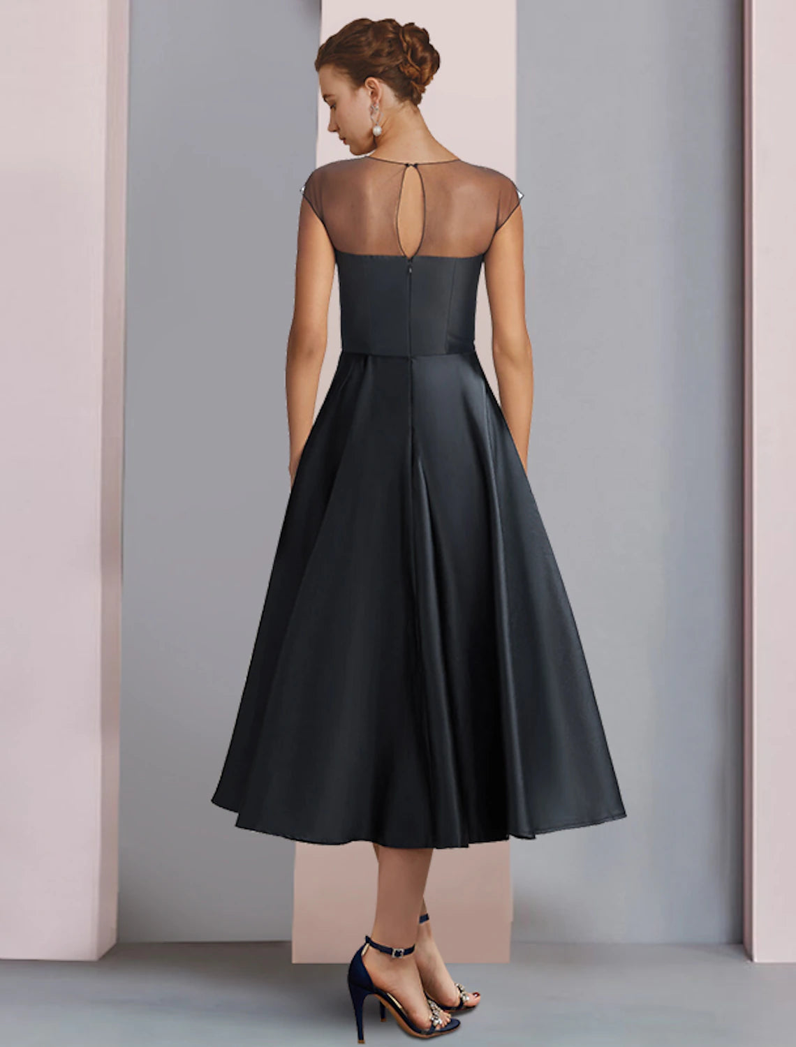 wholesale  A-Line Mother of the Bride Dress Wedding Guest Party Elegant Scoop Neck Tea Length Satin Half Sleeve with Pleats Flower