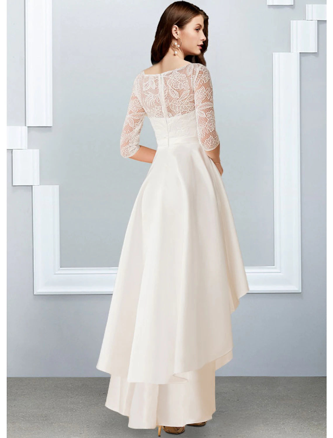 wholesale  Reception Little White Dresses Wedding Dresses A-Line Illusion Neck Half Sleeve Asymmetrical Chiffon Bridal Gowns With Cascading Ruffles