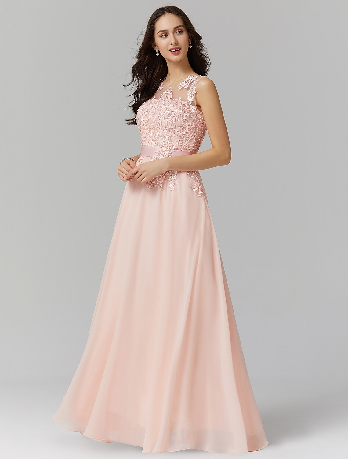 wholesale  A-Line Bridesmaid Dress Jewel Neck Sleeveless Elegant Floor Length Chiffon / Lace with Appliques
